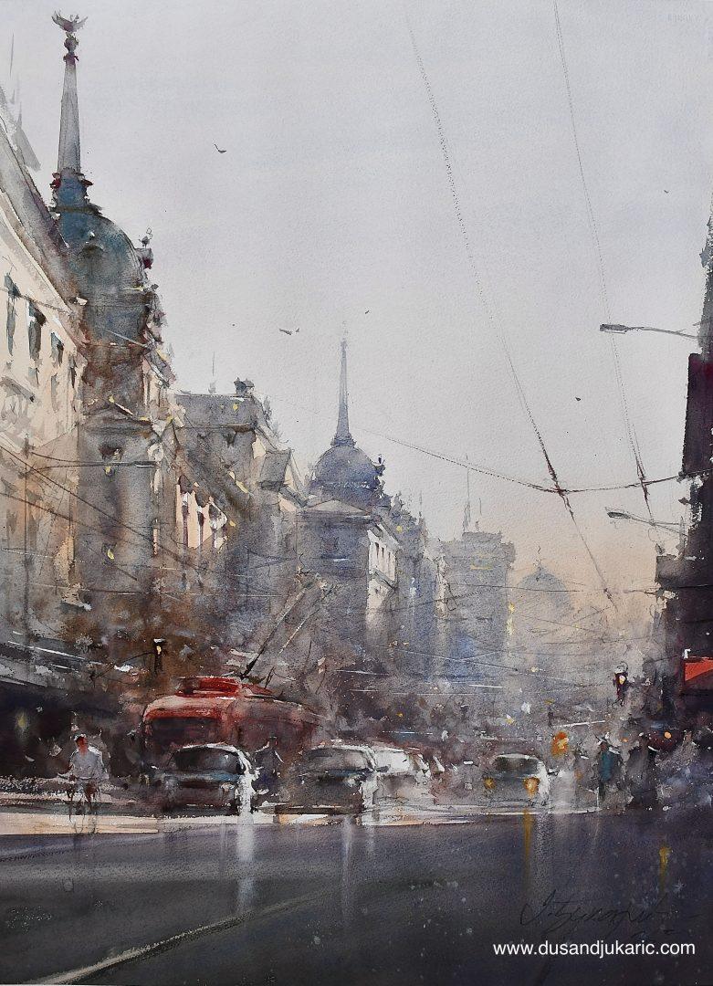 Jutro-u-ulici-kralja-Milana-Dimenzije-54-x-74-cm-Tehnika-Akvarel-781x1080 "Dah akvarela" Dušana Đukarića u galeriji Singidunum